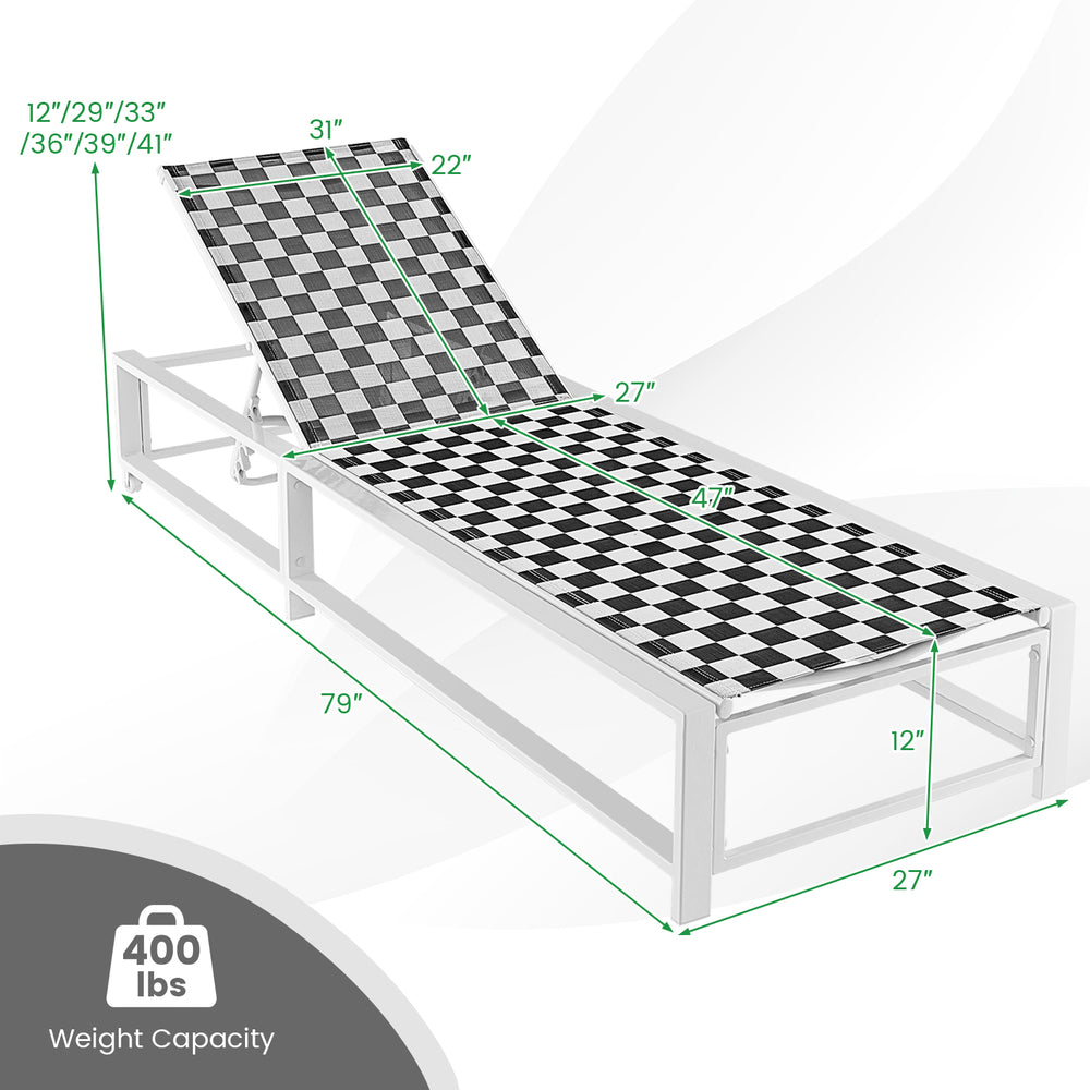 Adjustable outdoor chaise lounge chair with a sturdy metal frame, featuring a checkered fabric design and wheels for.