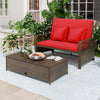 Patio adjustable wicker loveseat with red cushions, featuring a versatile ottoman for storage and comfort in outdoor.