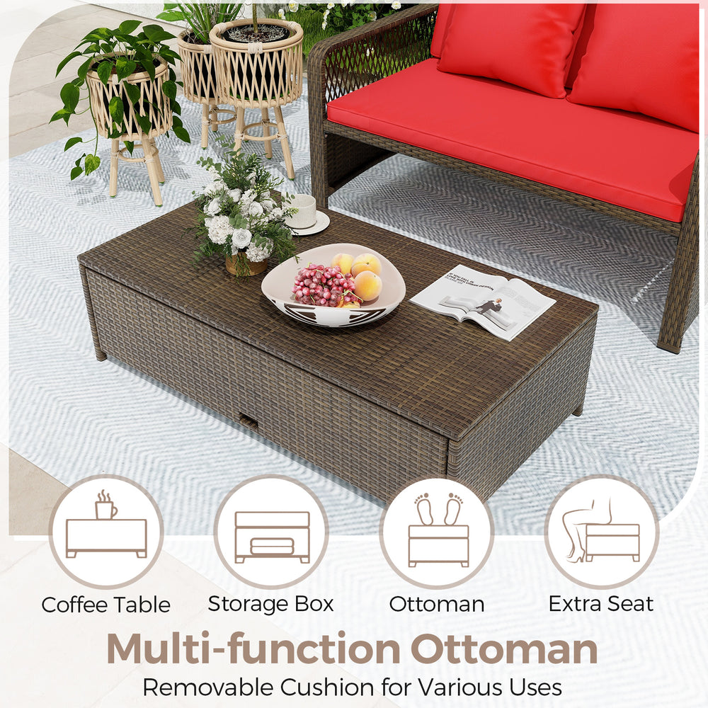 Versatile wicker ottoman with removable cushion, used as storage, extra seat, or coffee table for patio relaxation.