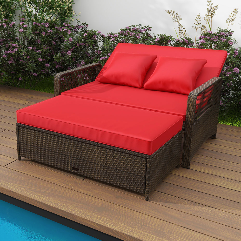 Patio adjustable wicker daybed with red cushions, featuring a 4-position backrest, ideal for poolside relaxation.