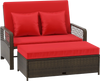 Patio wicker loveseat with red cushions and adjustable backrest, perfect for comfort and style in outdoor settings.