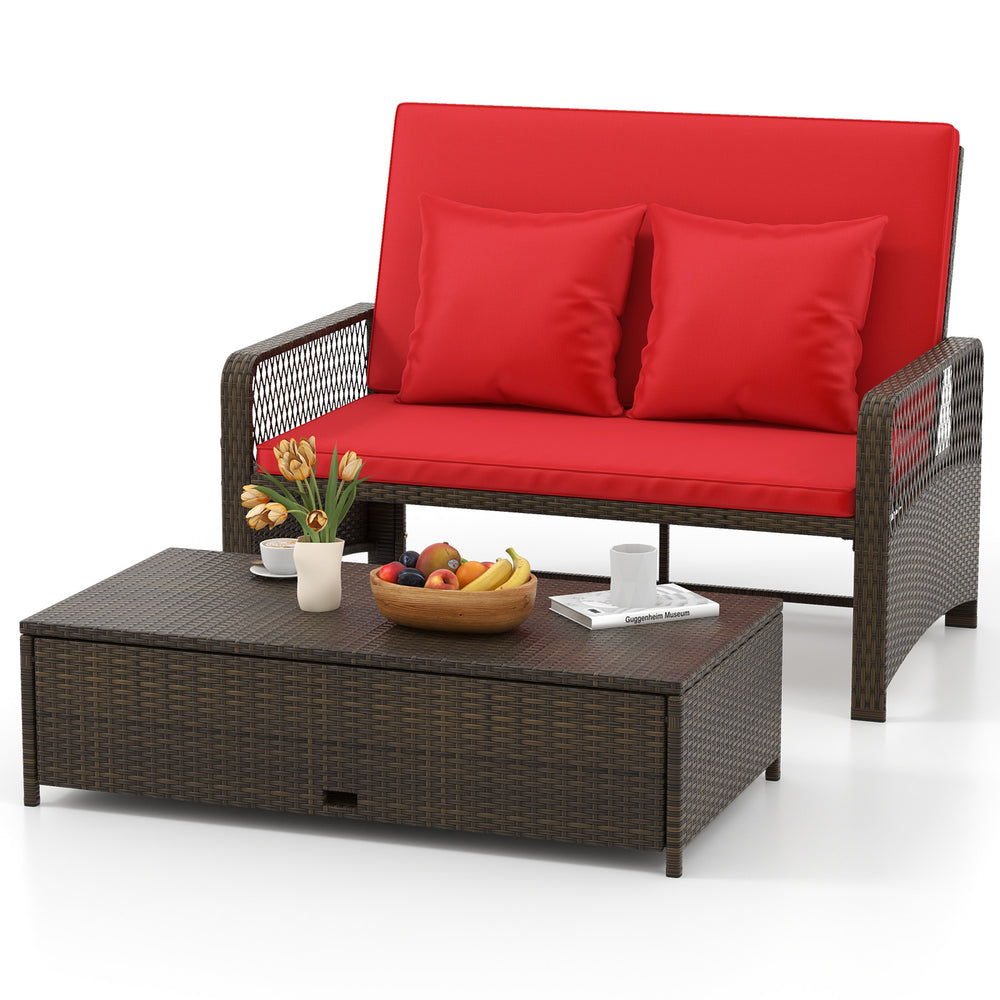 Loveseat patio sofa set with red cushions, adjustable backrest, and versatile ottoman for outdoor relaxation.