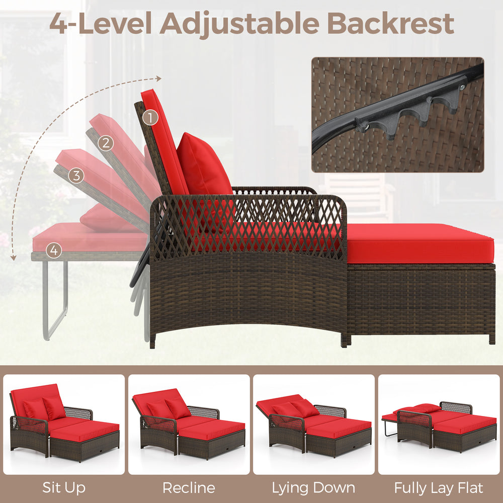 Patio adjustable wicker daybed with red cushions, featuring a 4-level backrest for versatile lounging options.