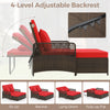 Patio adjustable wicker daybed with red cushions, featuring a 4-level backrest for versatile lounging options.