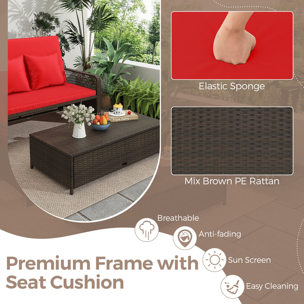 Patio adjustable wicker daybed with red cushions, featuring a 4-level backrest and versatile ottoman for outdoor.