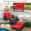 Patio adjustable wicker daybed with red cushions, featuring a 4-position backrest for versatile outdoor relaxation.