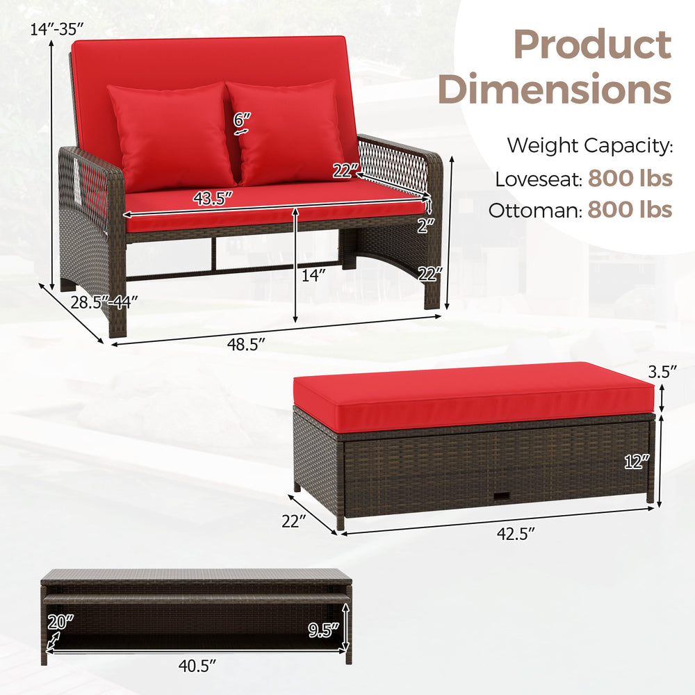 Patio adjustable wicker daybed with red cushions, featuring a 4-position backrest and versatile ottoman for outdoor.