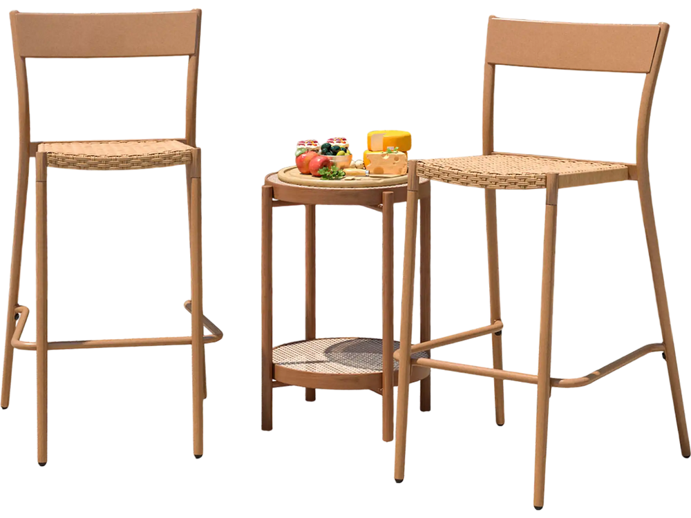 Light brown patio barstools set of 2 with rattan seats and metal backrests, perfect for poolside relaxation.
