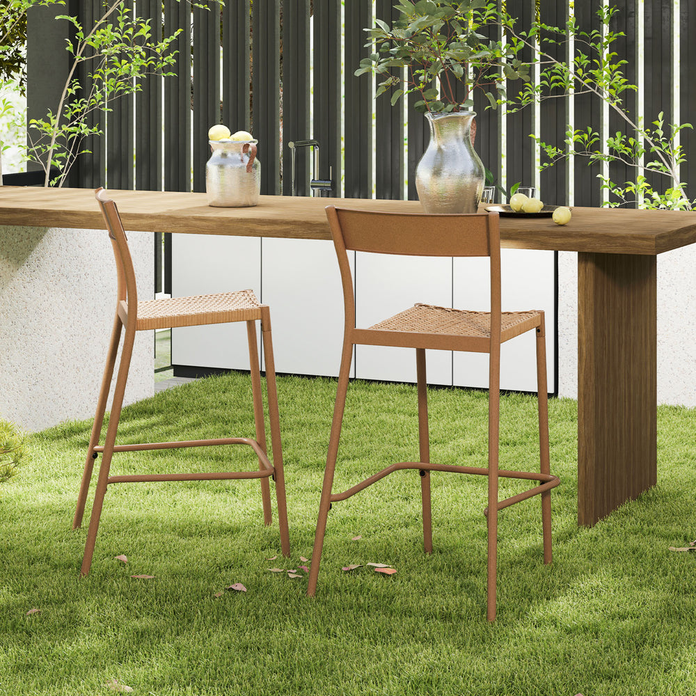 Light brown patio barstools set of 2 with rattan seats and metal backrests, ideal for backyard or poolside use.