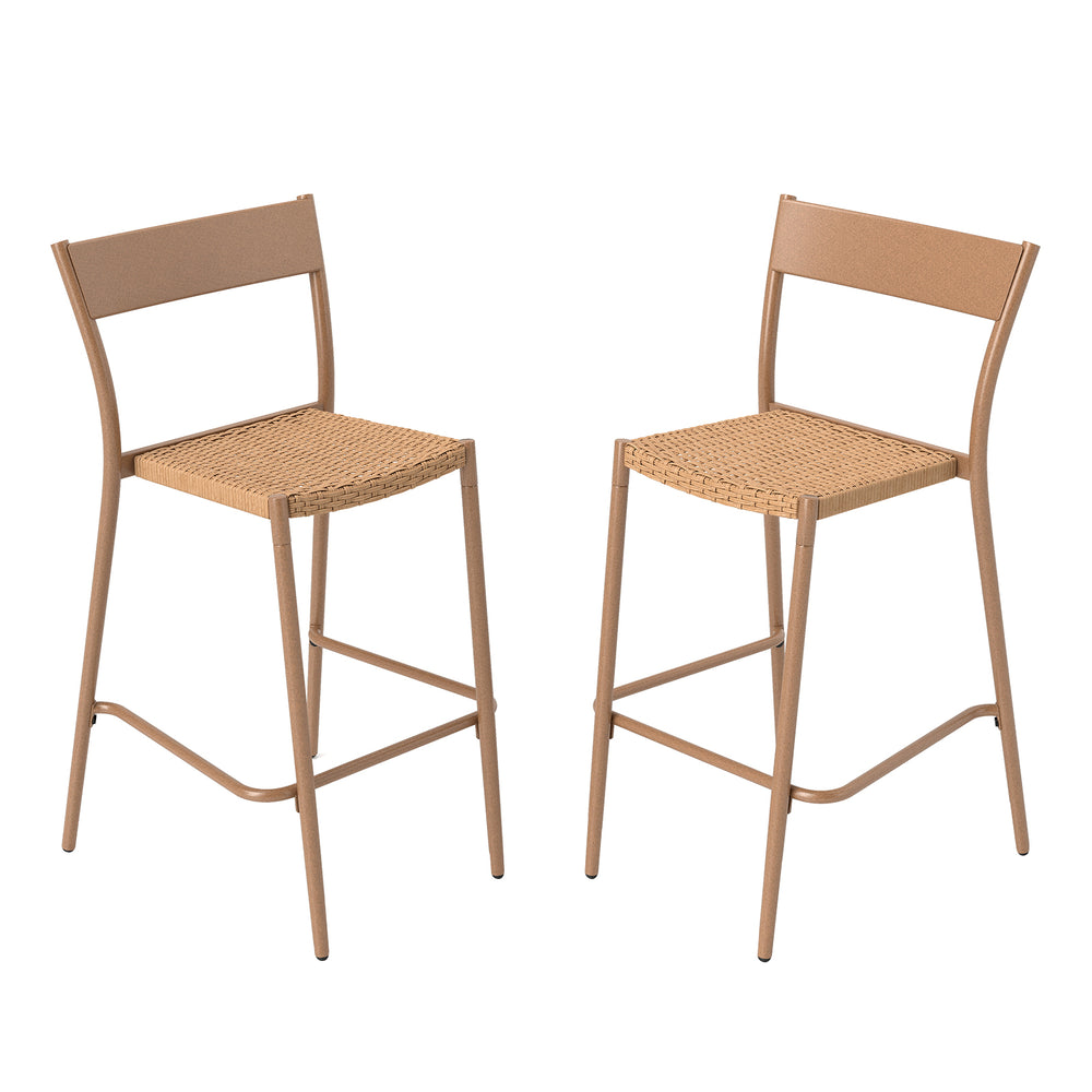 Light brown patio barstool featuring a curved metal backrest and a durable rattan seat, designed for elegant outdoor.
