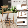 Light brown patio barstool set of 2 with rattan seat, metal backrest, and adjustable footpads for outdoor relaxation.
