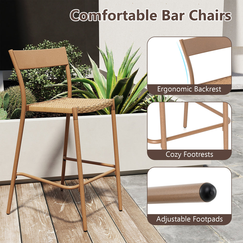 Light brown patio barstool set of 2 with rattan seat, metal backrest, and adjustable footpads for outdoor relaxation.
