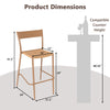 Light brown patio barstool with rattan seat and metal backrest, dimensions shown for counter height compatibility.