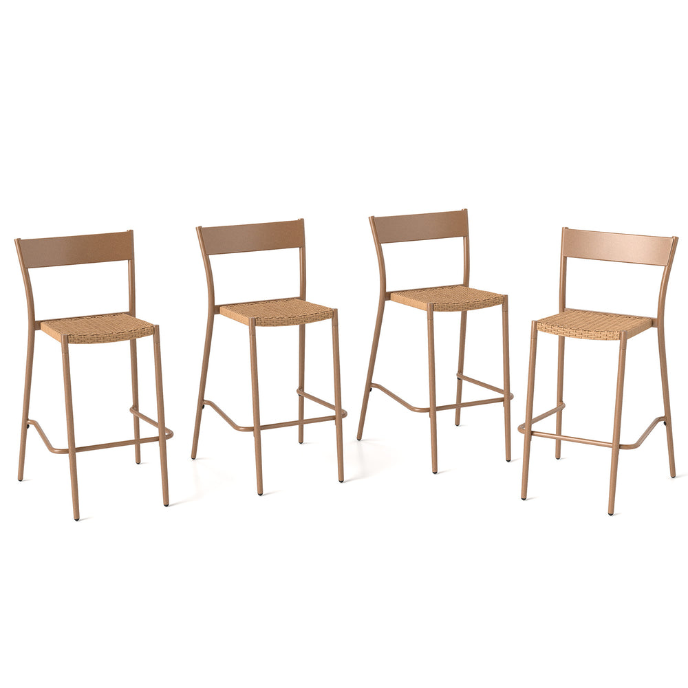 Set of 4 light brown patio barstools with rattan seats and metal backrests, ideal for backyard and poolside use.