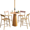Light brown patio barstools set of 4 with rattan seats and metal backrests, perfect for backyard or poolside use.