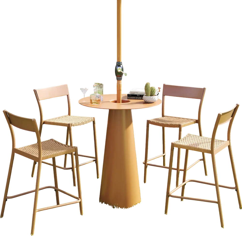 Light brown patio barstools set of 4 with rattan seats and metal backrests, perfect for backyard or poolside use.