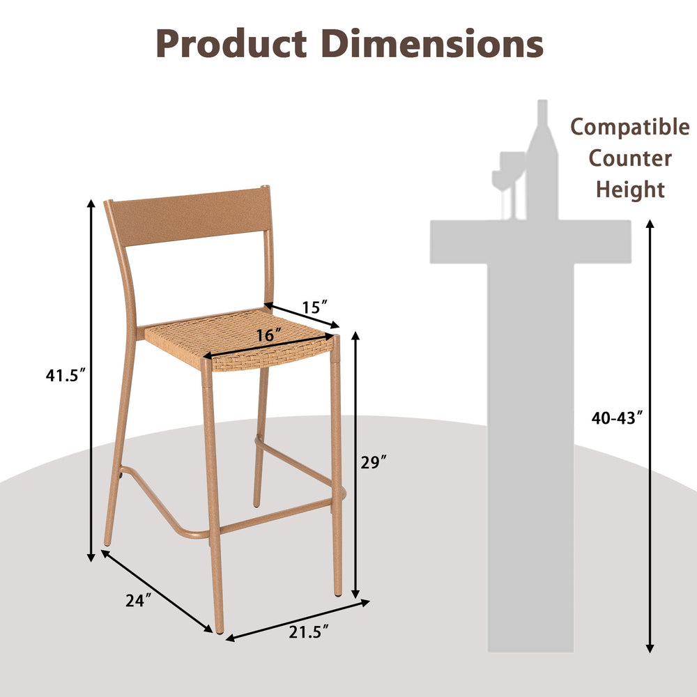 Light brown patio barstool with rattan seat and metal backrest, ideal for backyard and poolside use. Dimensions.