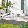 Set of 2 white patio chairs with curved backrests, ideal for outdoor use on the deck or poolside.