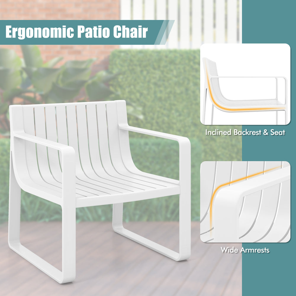 White ergonomic patio chair featuring curved backrest and wide armrests, perfect for outdoor relaxation and comfort.