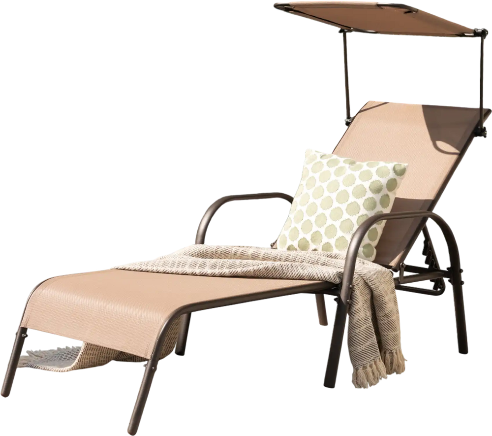 Adjustable brown chaise lounge chair with canopy, perfect for poolside relaxation and outdoor comfort.