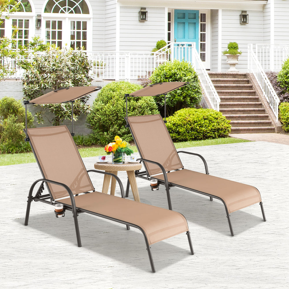 Two brown heavy-duty adjustable chaise lounge chairs with canopies, perfect for poolside or backyard relaxation.