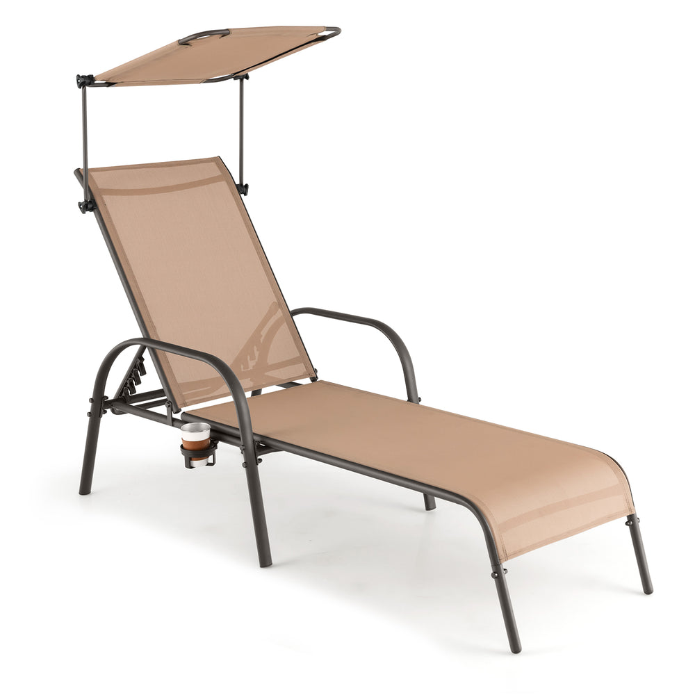 Adjustable brown chaise lounge chair with sunshade canopy and hidden cupholder, perfect for poolside relaxation.