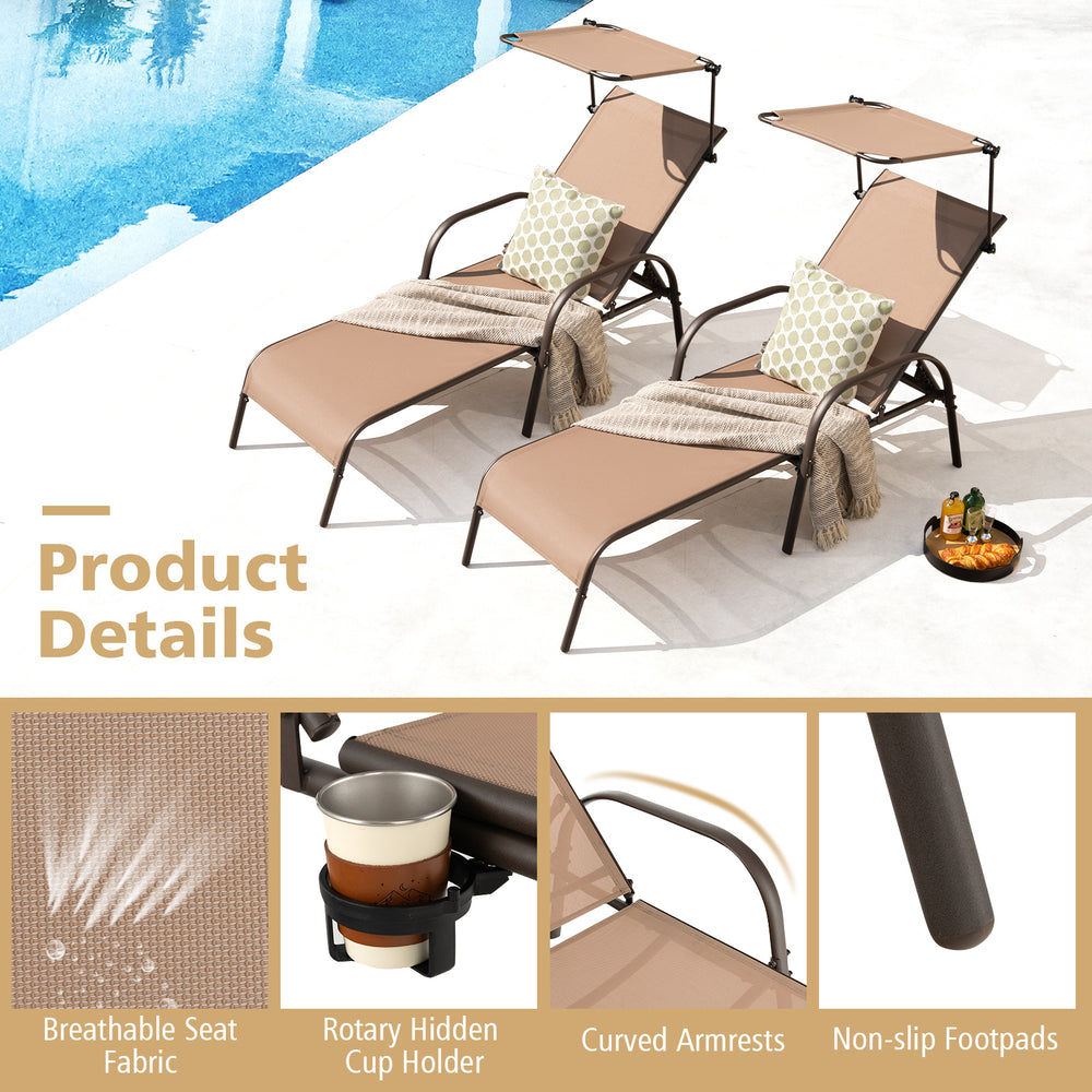 Adjustable brown chaise lounge chair with canopy and hidden cup holder, perfect for poolside relaxation.