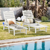 White patio chaise lounge chairs with adjustable backrests, perfect for poolside relaxation and outdoor comfort.