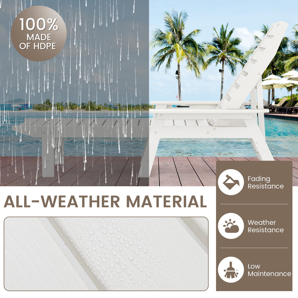 Patio chaise lounge chair in white with adjustable backrest, made of HDPE, ideal for poolside relaxation.