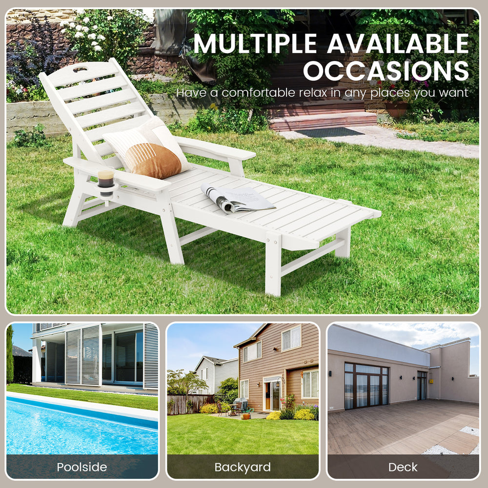 White patio chaise lounge chair with adjustable backrest and cup holder, perfect for poolside or backyard relaxation.