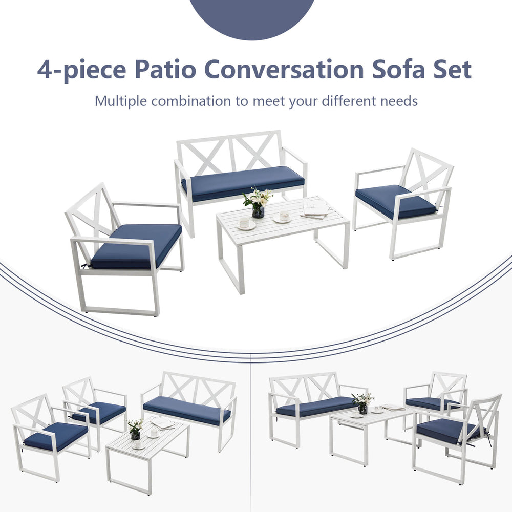 4-piece outdoor conversation set featuring a sturdy steel frame, thick cushions, and a practical side table for.