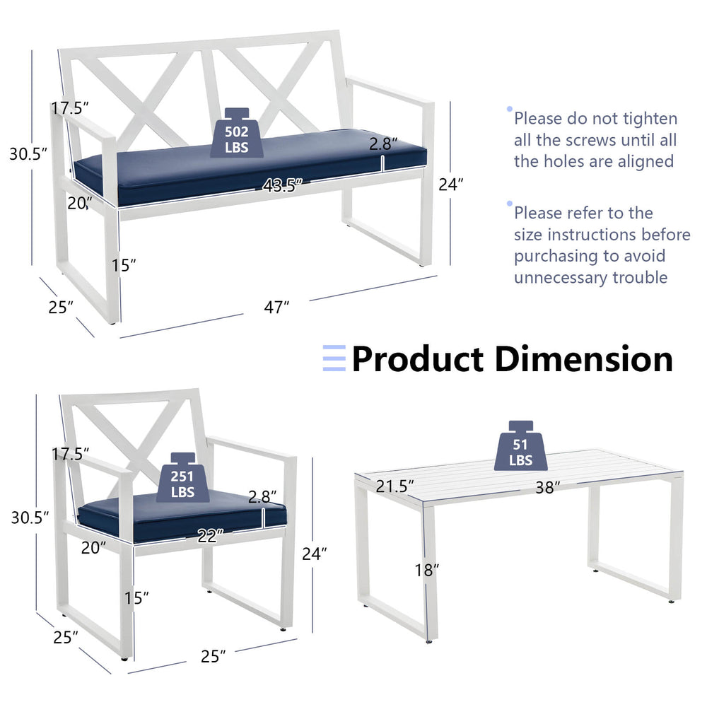 Loveseat from the 4 Pieces Outdoor Conversation Set with thickened cushions, sturdy steel frame, ideal for patio.