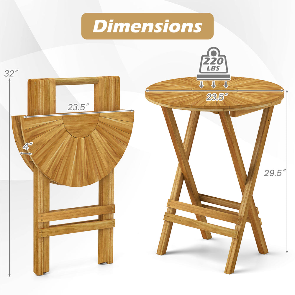 Teak wood folding side table with slatted tabletop and X-shaped frame, ideal for balcony or porch use.