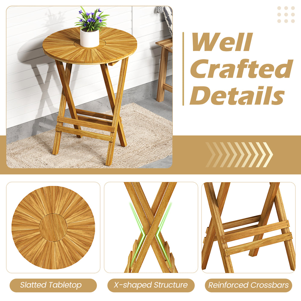 Round teak wood patio folding side table with slatted tabletop and X-shaped frame, perfect for balcony or porch use.
