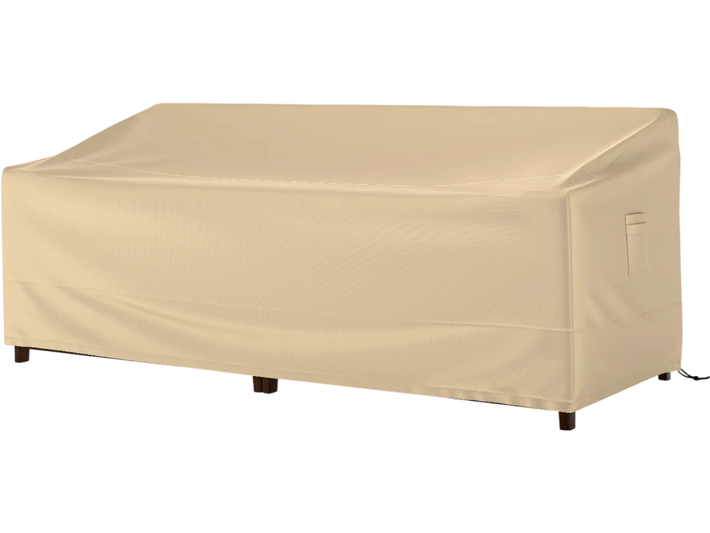 Patio furniture cover in beige, 77 x 43 x 30 inches, features padded handles and click-close straps for secure.