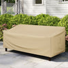 Patio furniture cover in beige, designed for loveseats, featuring padded handles and click-close straps for secure fit.