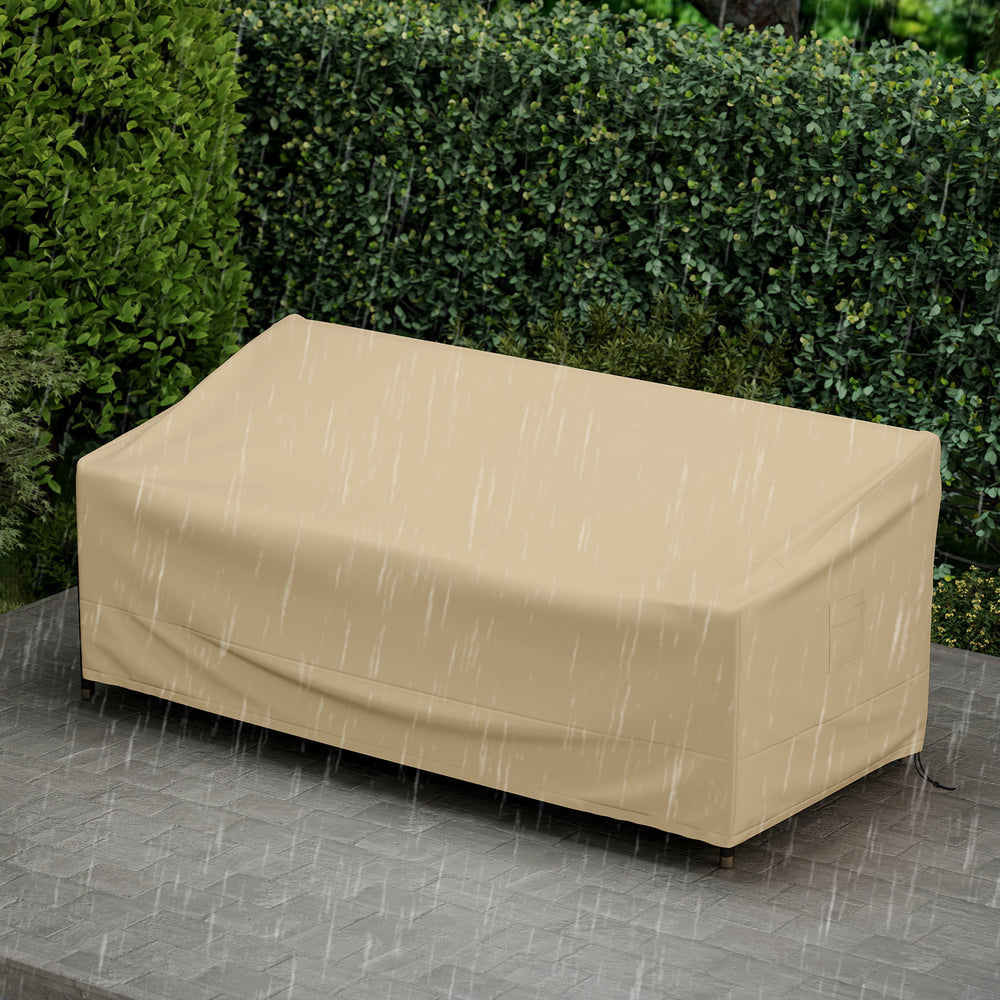 Patio furniture cover in beige, 77 x 43 x 30 inches, designed for outdoor loveseats with water resistance and padded.