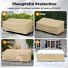 Patio furniture cover with padded handle and straps, 77 x 43 x 30 inches, protects against sun, rain, wind, and snow.