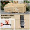 Patio furniture cover with padded handle and click-close straps, featuring a drawstring for secure fit and air vents.