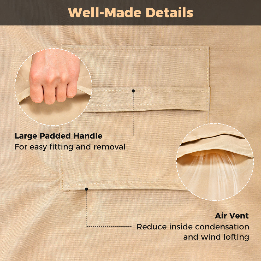 Close-up of the patio furniture cover showing large padded handle and air vent for improved circulation and easy.