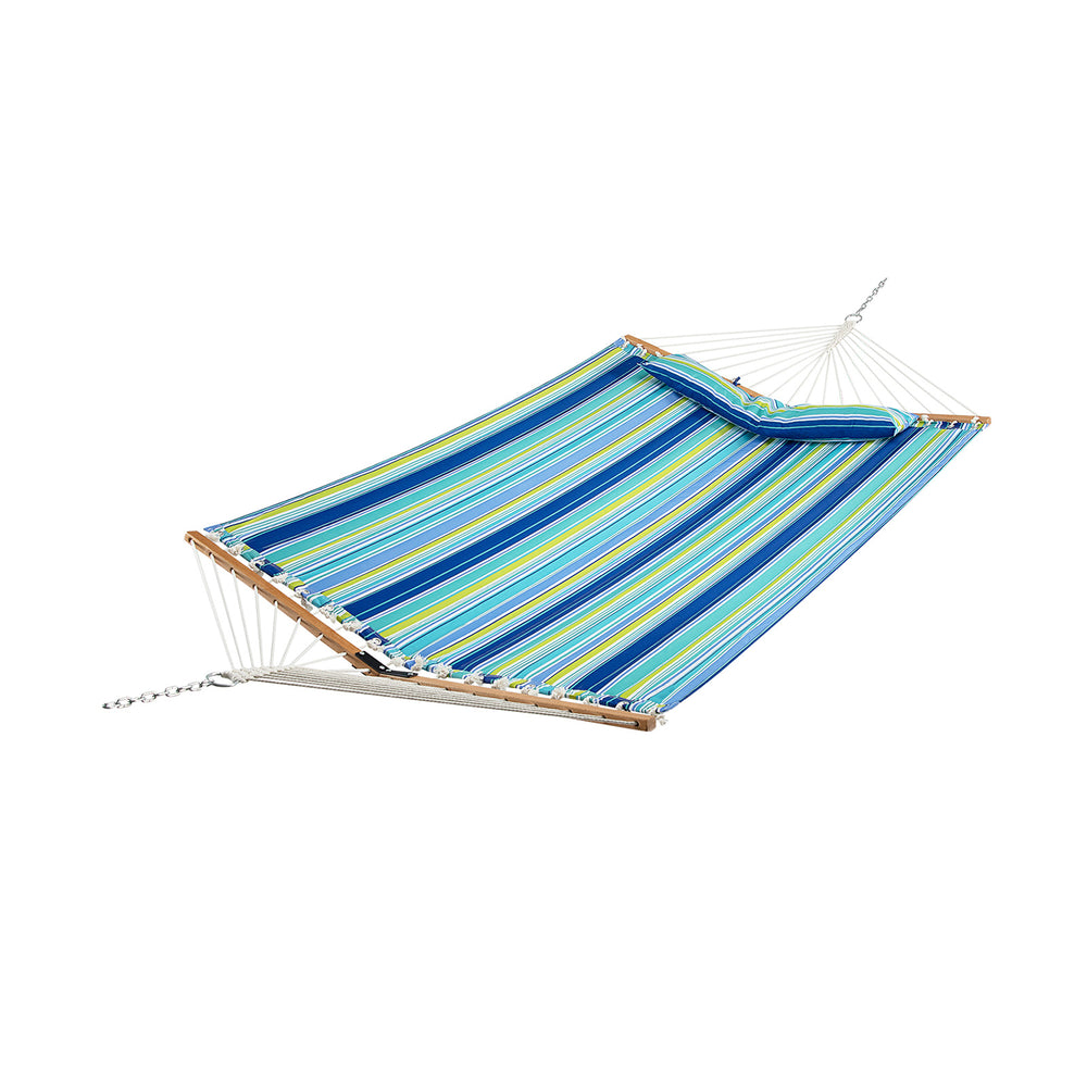 Foldable patio hammock with blue striped fabric, curved beech wood spreader, and detachable pillow for outdoor.