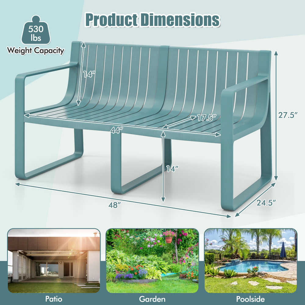 Weather-resistant blue 2-person bench with curved backrest and wide armrests, perfect for patio or poolside use.