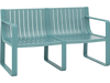 Blue weather-resistant plastic 2-person bench with curved backrest and wide armrests, perfect for outdoor relaxation.