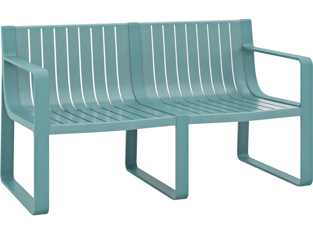 Blue weather-resistant plastic 2-person bench with curved backrest and wide armrests, perfect for outdoor relaxation.