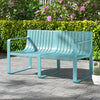 Blue weather-resistant plastic 2-person bench featuring wide armrests and slatted design, perfect for outdoor decor.