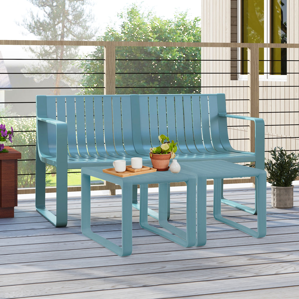 Weather-resistant Plastic 2-Person Bench with Curved Backrest-Blue - Gallery View 1 of 10