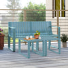 Blue weather-resistant plastic 2-person bench with curved backrest, ideal for patio or poolside relaxation.