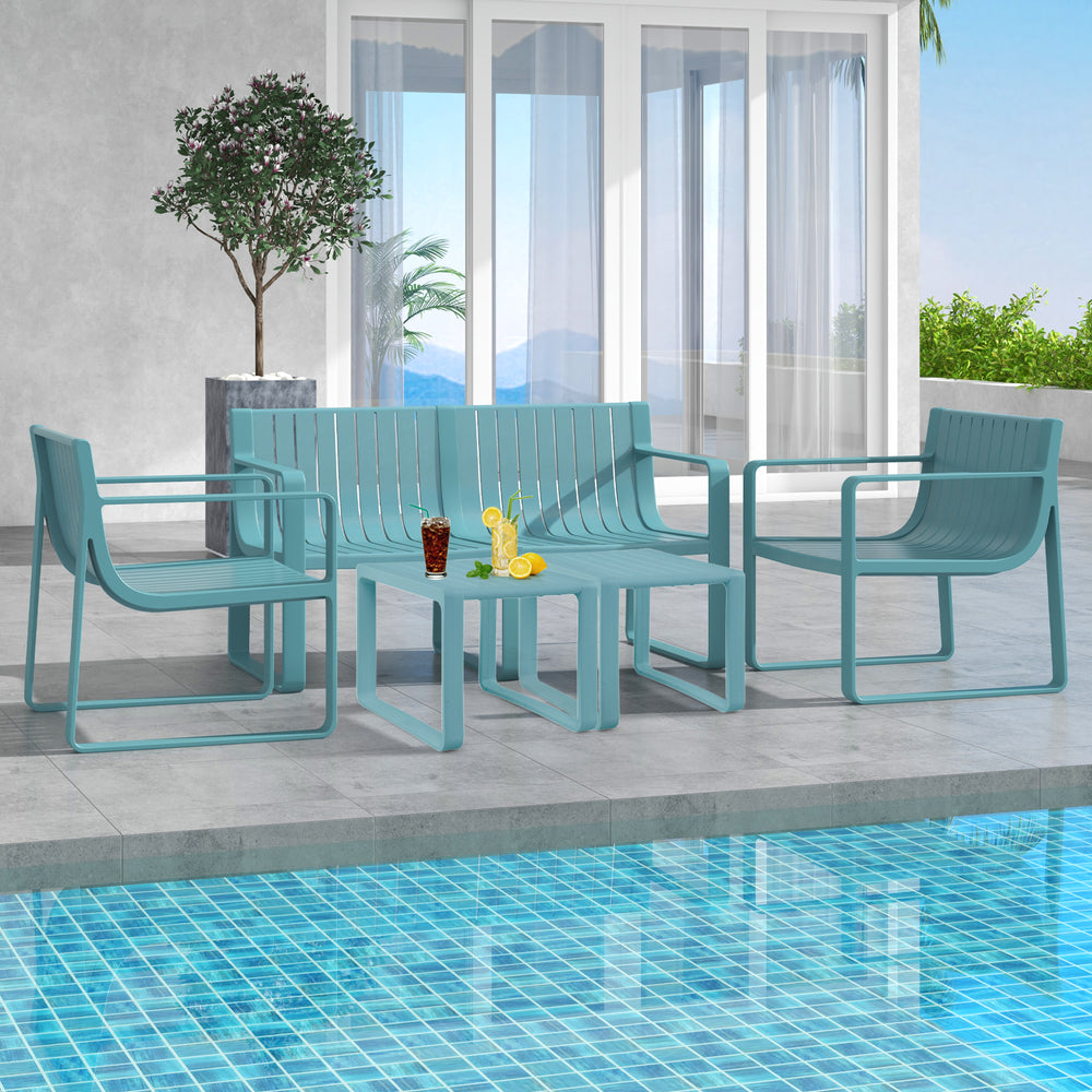 Curved backrest 2-person bench in blue, made of weather-resistant PP, perfect for patio or poolside relaxation.