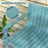 Curved backrest of the blue weather-resistant plastic bench, showcasing slatted design for quick drying and comfort.
