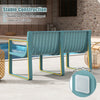 Blue weather-resistant plastic 2-person bench with curved backrest, ideal for patio and poolside relaxation.